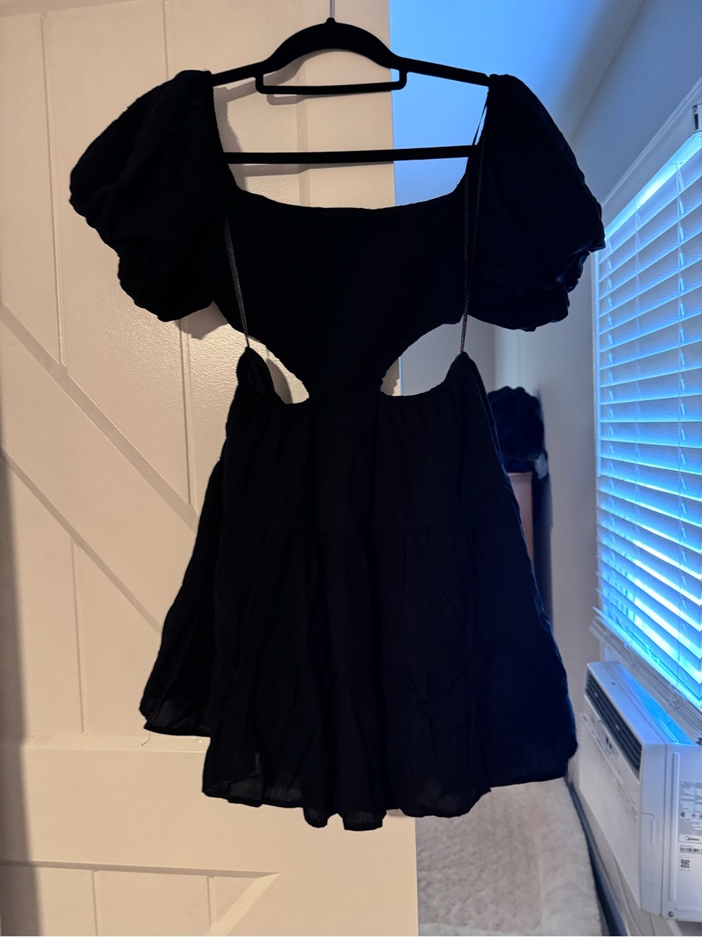 Black Puff Sleeve Cutout Mini Dress with Smocked Bodice
